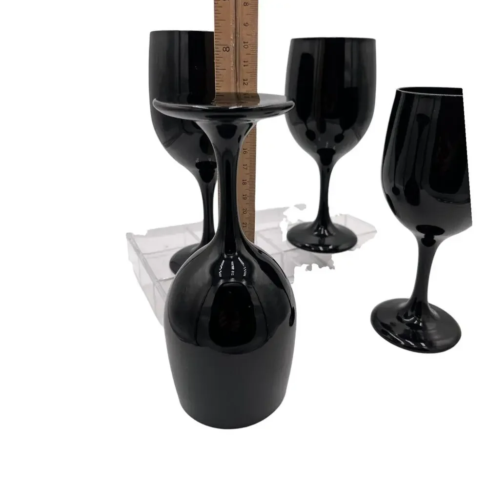 4 Libbey Premiere Black Wine Glasses Set Vintage Elegant Stemware Halloween‎ EUC